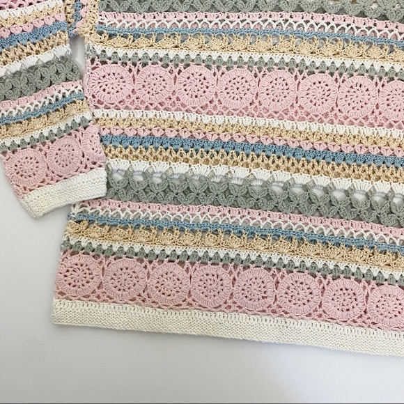 VINTAGE Cottage Crochet Open Knit Linen Blend Sweater Medium Spring Pastel - Picture 9 of 13